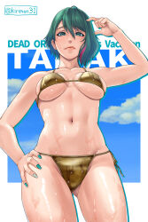 absurdres ahoge arm_up asymmetrical_hair bikini character_name cloud_background cowboy_shot dead_or_alive dead_or_alive_xtreme dead_or_alive_xtreme_venus_vacation gold_bikini green_eyes green_hair hand_on_own_hip highres kirishima_(kiriman31) looking_at_viewer looking_down mole mole_under_eye multicolored_hair red_streaks streaked_hair swimsuit tamaki_(doa) twitter_username wet
