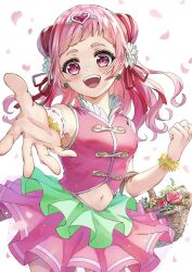 1girl basket blush cherry_blossoms clover_earrings cure_yell elbow_carry flower hair_flower hair_ornament hair_ribbon highres holding holding_basket hugtto!_precure long_hair muginome_(bakuga_chan2) nono_hana open_mouth outstretched_hand pink_eyes pink_hair pink_shirt pink_skirt precure red_ribbon ribbon shirt short_eyebrows skirt sleeveless sleeveless_shirt smile solo teeth upper_teeth_only
