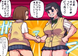 2girls absurdres ass black_eyes black_hair blunt_bangs brown_hair forehead freckles green_ribbon handshake highres jitome jk_mob-chan_(minami_aomori) long_hair minami_aomori multiple_girls original ribbon school_uniform short_hair standing talking thighs