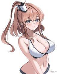 Rule 34 | 1girl, bikini, breasts, brown hair, cleavage, dimos (dawn 1945), grey eyes, hair between eyes, high side ponytail, highres, kantai collection, large breasts, long hair, looking at viewer, navel, official alternate costume, one-hour drawing challenge, ribbed bikini, saratoga (kancolle), saratoga (swimsuit) (kancolle), side ponytail, sidelocks, smokestack hair ornament, solo, swimsuit, upper body, white bikini