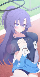 1boy 1girl absurdres blue_archive blue_eyes blue_hair blush breasts buruma collared_jacket disembodied_hand doodle_sensei_(blue_archive) feet_out_of_frame fortysansan gym_uniform halo heart highres holding_hands id_card jacket jacket_partially_removed long_hair mechanical_halo official_alternate_costume official_alternate_hairstyle pants parted_bangs partially_unzipped ponytail running_track sensei_(blue_archive) smile standing star_sticker track_jacket track_pants track_suit yuuka_(blue_archive) yuuka_(track)_(blue_archive) zipper