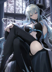 1girl absurdres black_bow black_dress black_thighhighs blue_eyes bow braid breasts center_opening chef_no_kimagure_salad cleavage crossed_legs dress fate/grand_order fate_(series) grey_hair hair_bow highres large_breasts long_hair long_sleeves looking_at_viewer morgan_le_fay_(fate) morgan_le_fay_(third_ascension)_(fate) ponytail sidelocks solo spikes thighhighs thighs tiara two-tone_dress very_long_hair white_dress wide_sleeves