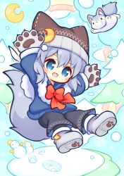 Rule 34 | 1girl, :d, absurdres, aikei ake, animal, animal ears, animal hands, animal hat, arms up, beanie, black pants, black socks, blue eyes, blue sweater, blush, boots, brown hat, chibi, commission, crescent, fake animal ears, fang, footprints, full body, gloves, grey boots, grey gloves, grey hair, hair between eyes, hat, highres, long sleeves, open mouth, original, pants, paw gloves, puffy long sleeves, puffy sleeves, second-party source, shoe soles, skeb commission, smile, snowman, socks, solo, sweater, tail, tree, v-shaped eyebrows, wolf, wolf ears, wolf tail