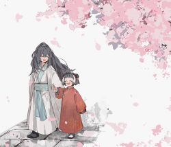 1boy 1girl ? ?? absurdres aged_down aqua_sash black_boots black_hair blush boots brother_and_sister chinese_clothes closed_eyes daxiushan double_bun falling_petals floral_print flower hair_bun half-closed_eyes hanfu highres holding_bug hong_lu_(project_moon) jia_xichun_(project_moon) limbus_company long_hair long_sleeves multicolored_hair munh422 open_mouth petals pink_flower pink_petals project_moon siblings smile stone_walkway streaked_hair white_background white_streaks wide_sleeves worm