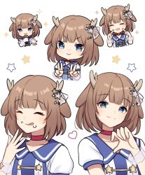 1girl :d :q animal_ears antlers blue_eyes blue_sailor_collar blunt_bangs brown_hair choker closed_eyes closed_mouth collarbone deer_ears deer_girl deformed double_v dress hair_ornament half-heart_hands hashtag-only_commentary heart highres hiruver holding holding_microphone horns indie_utaite kano_(utaite) light_blush light_smile medium_hair microphone multiple_views open_mouth outstretched_hand pointing pointing_at_self puffy_short_sleeves puffy_sleeves red_choker sailor_collar sailor_dress scrunchie short_sleeves smile split_mouth star_(symbol) star_hair_ornament tongue tongue_out v white_background white_dress wrist_scrunchie