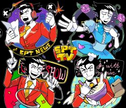 alternate_costume bag black_hair bomb collared_shirt colored_skin deltarune explosive flower highres jacket male_focus mannequin_(deltarune) necktie no_ears pink_flower pink_rose plant pointy_nose red_jacket rose shio_tou shirt short_hair smile spamton_g._spamton spamton_g._spamton_(big_shot) teeth undertale vines