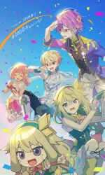 2boys 2girls :d @_@ absurdres ahoge ascot black_shirt blonde_hair blue_hair blue_sky boots clear_sky closed_eyes commentary_request confetti day dress facing_viewer floating full_body green_hair green_shirt hair_between_eyes hand_on_own_head highres jacket jumping kamishiro_rui knee_boots kusanagi_nene multicolored_hair multiple_boys multiple_girls nenerobo ootori_emu open_mouth orange_eyes outdoors pants pink_dress pink_hair project_sekai purple_eyes purple_hair purple_jacket shading_eyes shirt short_hair sidelocks sky sleeveless sleeveless_shirt smile streaked_hair teeth tenma_tsukasa upper_teeth_only v-shaped_eyebrows white_ascot white_footwear white_jacket white_pants wonderlands_x_showtime_(project_sekai) yellow_eyes yuhi_(hssh_6)