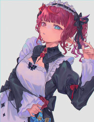 1girl absurdres apron black_dress blue_eyes blunt_bangs brooch chest_bow detached_collar dress drill_hair earrings flower_earrings frilled_apron frills grey_background hand_up heterochromia highres hololive hololive_english horns irys_(hololive) irys_(maid)_(hololive) jewelry juliet_sleeves kiwwwwwi lace-trimmed_collar lace_trim long_sleeves looking_at_another looking_at_viewer maid maid_apron maid_headdress multicolored_hair official_alternate_costume official_alternate_hairstyle parted_lips pointy_ears puffy_sleeves purple_hair red_hair short_hair simple_background sleeve_belt sleeves_past_wrists solo star-shaped_pupils star_(symbol) streaked_hair symbol-shaped_pupils twin_drills victorian_maid virtual_youtuber white_apron wide_sleeves