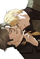 2boys beard black_shirt blonde_hair blue_eyes challia_bull char_aznable collared_shirt commentary_request facial_hair green_jacket grey_eyes grey_hair gundam gundam_gquuuuuux highres jacket long_sleeves looking_at_another looking_at_viewer male_focus military_jacket military_uniform multiple_boys mustache necktie shirouzu_(gundam) shirt short_hair sideways simple_background smile turtleneck white_background yaoi zerozany