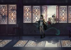 3girls absurdres architecture arknights black_hair black_shoes blue_eyes blue_hair blue_sky closed_eyes cloud colored_extremities colored_inner_hair colored_skin commentary day dragon_girl dragon_horns dragon_tail dusk_(arknights) east_asian_architecture frown gourd green_hair green_skin hair_over_one_eye highres holding holding_gourd horns indoors jacket lattice ling_(arknights) long_shirt looking_at_another mountainous_horizon multicolored_hair multiple_girls natsuba002 necktie nian_(arknights) outdoors plant pointy_ears ponytail potted_plant purple_eyes red_necktie red_shirt red_skin shirt shoes siblings sisters sky sunlight table tail tree waving white_hair white_jacket white_shirt window