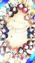 Rule 34 | 6+girls, absurdres, ahoge, aida rikako, aotsubaki toto, beach, black hair, blonde hair, blue eyes, blue hair, blush, bow, bowtie, braid, brown hair, closed eyes, everyone, falute, feathers, from above, furihata ai, gem, green eyes, green neckerchief, grey hair, hair ornament, hand up, highres, holding hands, inami anju, kobayashi aika, komiya arisa, kunikida hanamaru, kurosawa dia, kurosawa ruby, light particles, long hair, long sleeves, looking at viewer, love live!, love live! sunshine!!, lying, matsuura kanan, multiple girls, neckerchief, necktie, ohara mari, on back, orange hair, pink eyes, pointing, ponytail, purple eyes, purple hair, red bow, red bowtie, red eyes, red hair, saitou shuka, sakurauchi riko, salute, sand, sand writing, short hair, short twintails, signature, skirt, smile, suwa nanaka, suzuki aina (voice actor), takami chika, takatsuki kanako, tsushima yoshiko, twintails, voice actor, watanabe you, yellow eyes