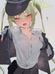 1girl absurdres black_jacket black_skirt blue_archive blush breasts fangs gloves green_hair green_halo hair_between_eyes halo hat highres jacket loli long_hair no_bra nozomi_(blue_archive) open_clothes open_jacket open_mouth peaked_cap pointy_ears see-through_clothes see-through_shirt shirt skirt solo susukawa_(susucawa) sweat sweaty_clothes train_conductor twintails undressing wet wet_clothes wet_shirt white_gloves white_shirt yellow_eyes