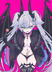 1girl black_panties candy demon_girl demon_horns demon_wings earrings fate/grand_order fate_(series) food green_eyes highres horns jewelry lilith_(fate) lollipop long_hair panties pink_background pointy_ears pubic_tattoo tattoo thighhighs tongue tongue_out twintails underwear white_hair wings yamuimo