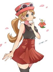 1girl black_thighhighs blonde_hair blush breasts creatures_(company) eyelashes floette floette_(red_flower) game_freak gen_6_pokemon hat highres long_hair looking_at_viewer nintendo pink_hat pokemon pokemon_(creature) pokemon_xy ponytail rain_(tonight_862) red_hat red_skirt serena_(pokemon) shirt skirt sleeveless sleeveless_shirt smile sunglasses thighhighs white-framed_eyewear