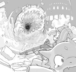 2girls clenched_teeth debris destruction furry furry_female greyscale gun headscarf holding holding_gun holding_weapon kikurage_(crayon_arts) monochrome monster multiple_girls original outdoors reptile_girl short_hair teardrop teeth weapon