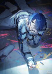 1boy absurdres aqua_eyes blue_hair commentary_request crayon crying crying_with_eyes_open false_smile floor guest_art hair_over_one_eye highres itefu male_focus milgram on_floor one_eye_covered restraints sakurai_haruka_(milgram) scribble shoes short_hair single_bare_foot smile solo straitjacket tears unworn_shoes