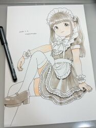 Rule 34 | 1girl, absurdres, apron, art tools in frame, blunt bangs, blush, bow, bowtie, breasts, brown hair, brown shoes, dot nose, drawing (object), dutch angle, fingernails, frilled anklet, frilled apron, frills, grey eyes, hair bow, hair ornament, highres, leg up, light brown hair, looking at viewer, maid, maid apron, maid headdress, medium breasts, nagomurasan, original, pastel (medium), pen (medium), ponytail, shoes, sidelocks, simple background, sitting, smile, solo, thighhighs, traditional media, white background, white bow, white bowtie, white thighhighs, zettai ryouiki