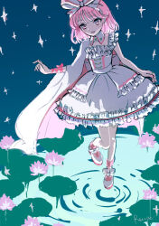Rule 34 | 1girl, :d, akagi yuina, blush, bow, cape, commentary request, dress, flower, frilled dress, frills, full body, hair bow, lotus, lotus leaf, maebashi witches, medium hair, open mouth, pink cape, pink eyes, pink hair, renge (042514), ripples, side cape, signature, sleeveless, sleeveless dress, smile, solo, two-sided cape, two-sided fabric, walking, white bow, white cape, white dress