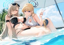 2girls alternate_costume asuna_(blue_archive) bare_shoulders beach beach_umbrella bikini black_bikini black_choker blonde_hair blue_archive blue_eyes blue_halo blush breasts choker cleavage cleavage_cutout closed_mouth clothing_cutout commentary day english_commentary eyewear_on_head hair_over_one_eye halo hand_up highres large_breasts long_hair looking_at_viewer mole mole_on_breast multiple_girls navel outdoors partially_submerged sitting smile solar_(happymonk) stomach sunglasses swimsuit thighs toki_(blue_archive) umbrella v water wet