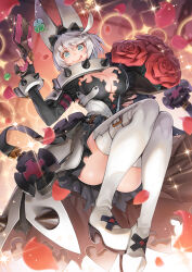 1girl :q ahoge alternate_hair_color animal_ears belt blue_eyes bob_cut boots bracelet breasts cleavage clothing_cutout clover collar dress elphelt_valentine fake_animal_ears flower four-leaf_clover guilty_gear guilty_gear_xrd gun hagure_keg hair_between_eyes handgun high_heels highres holding holding_weapon huge_ahoge jewelry large_breasts looking_at_viewer petals rabbit_ears red_flower red_rose rose solo sparkle sparkle_background spiked_bracelet spiked_collar spikes thigh_boots tongue tongue_out weapon wedding_dress white_boots white_hair