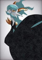 Rule 34 | alternate color, black dress, black gloves, blue hair, bob cut, colored skin, demon horns, dress, elbow gloves, gardevoir, gen 3 pokemon, gloves, grey background, highres, horns, mega gardevoir, mega pokemon, nintendo, pokemon, pokemon (creature), shiny pokemon, simple background, stktik09060906, strapless, strapless dress, white skin