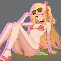1girl absurdres bikini black_choker blonde_hair breasts choker closed_mouth commentary drop_shadow english_commentary eyewear_on_head grey_background highres hoshino_ruby long_hair looking_at_viewer medium_breasts nail_polish one_side_up oshi_no_ko pink_bikini pink_eyes pink_nails solo srtaka star-shaped_pupils star_(symbol) sunglasses swimsuit symbol-shaped_pupils toenail_polish toenails underboob