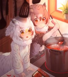 2girls akuma_(st.takuma) arm_support bird_girl black_hair blush brown_hair brown_jacket chili_pepper closed_mouth coat cooking drooling eurasian_eagle_owl_(kemono_friends) food gradient_hair hair_between_eyes highres indoors jacket kemono_friends kitchen ladle leaning_forward long_sleeves multicolored_hair multiple_girls northern_white-faced_owl_(kemono_friends) open_mouth orange_eyes owl_ears owl_girl plant pot potted_plant red_eyes silver_hair soup spatula steam tongs v-shaped_eyebrows white_coat