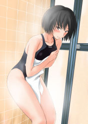 1girl amagami bathroom black_eyes black_hair blush bob_cut competition_swimsuit female_focus murasaki_iro nanasaki_ai one-piece_swimsuit short_hair solo steam swimsuit towel