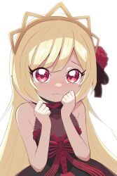 1girl backlighting blonde_hair blush bow collarbone dot_nose dress ecute eyelashes highres jashin-chan_dropkick long_hair looking_at_viewer red_eyes shadow_(modeler3622) sleeveless sleeveless_dress solo striped_bow very_long_hair wavy_mouth white_background