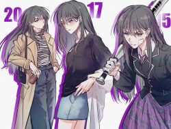 1girl absurdres age_progression bandaged_fingers bandages bandaid bandaid_on_face bang_dream! bang_dream!_it&#039;s_mygo!!!!! baseball_bat black_hair black_jacket black_shirt blue_pants blue_skirt blush brown_coat character_age chinese_commentary coat commentary_request cup diagonal-striped_clothes diagonal-striped_necktie disposable_cup drop_shadow earphones earrings haneoka_school_uniform hero45439083942 highres holding holding_cup jacket jewelry long_hair mole mole_under_eye necktie open_mouth pants plaid_clothes plaid_skirt purple_eyes purple_necktie purple_skirt school_uniform shiina_taki shirt skirt striped_clothes striped_shirt sweatdrop white_jacket wireless_earphones