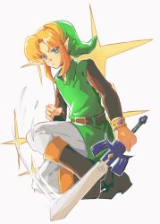 1boy belt biamaoosrhrs blonde_hair blue_eyes boots bracelet brown_belt brown_boots brown_shirt commentary full_body gold_bracelet green_hat green_tunic hat highres holding holding_sword holding_weapon jewelry link long_sleeves looking_at_viewer male_focus master_sword nintendo on_one_knee pants parted_bangs parted_lips pointy_ears shirt sidelocks solo sparkle sword the_legend_of_zelda the_legend_of_zelda:_a_link_between_worlds tunic weapon white_background white_pants