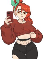 1girl absurdres adjusting_clothes black_pants breasts cellphone collarbone commentary cowboy_shot crop_top cropped_shirt english_commentary fishnets green_hairband hairband highres holding holding_phone hyyun_ho june_(hyyun_ho) large_breasts long_hair long_sleeves midriff navel orange_eyes orange_hair original pants phone red_shirt selfie shirt simple_background smartphone solo standing torn_clothes torn_pants underboob white_background