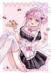 1girl angel_wings apron black_dress blue_archive blush bow breasts cherry cleavage dress feathered_wings food frills fruit hair_bow hair_bun hair_ornament halo highres holding holding_plate long_hair looking_at_viewer low_wings maid maid_apron maid_headdress medium_breasts mika_(blue_archive) open_mouth pastry pink_hair pink_halo plate sakura_hiyori smile solo thighhighs white_apron white_thighhighs white_wings wings wrist_cuffs yellow_eyes