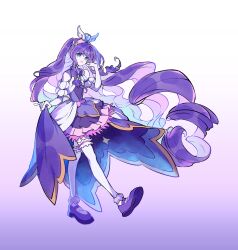 1girl absurdly_long_hair absurdres bare_shoulders blue_eyes blue_scrunchie blunt_bangs bow bowtie chinese_commentary colored_inner_hair commentary_request cure_majesty detached_sleeves dress drill_hair elbow_gloves ellee-chan eyelashes floating_clothes floating_hair frilled_skirt frilled_sleeves frilled_thigh_strap frills full_body fur_anklet gloves gradient_background hair_ornament hair_scrunchie hairband hand_in_own_hair heart heart_hair_ornament heart_print highres hirogaru_sky!_precure inhan kicking lace lace-trimmed_skirt lace_trim long_dress long_hair magical_girl mary_janes miniskirt multicolored_hair parted_lips pink_hairband precure purple_background purple_bow purple_bowtie purple_hair purple_shoes purple_skirt purpled scrunchie shoes simple_background skirt skirt_hold skirt_under_dress sleeveless sleeveless_dress smile solo standing tachi-e tareme thigh_strap thighhighs two_side_up very_long_hair white_background white_gloves white_sleeves white_thighhighs wing_hair_ornament