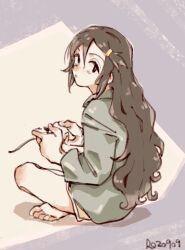 Rule 34 | 1girl, abstract background, alternate costume, bags under eyes, barefoot, black eyes, black hair, closed mouth, controller, from side, full body, game controller, green shirt, grey background, hair ornament, hairclip, highres, holding, holding controller, holding game controller, idolmaster, idolmaster cinderella girls, imay3927, indian style, long hair, long sleeves, loungewear, miyoshi sana, shirt, short shorts, shorts, sitting, solo, wavy hair, yellow shorts