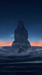 1boy 1other aang absurdres arm_tattoo avatar:_the_last_airbender avatar_legends closed_eyes dkaism facing_viewer full_body glowing head_tattoo highres non-web_source orange_robe outstretched_leg robe size_difference statue sunset tattoo wind yangchen_(avatar)