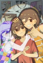2024 3boys ;d ^_^ absurdres aged_down arm_around_neck aubrey_(faraway)_(omori) aubrey_(omori) bailan1130 bare_arms bare_shoulders basil_(faraway)_(omori) basil_(omori) black_eyes blush bright_pupils brown_hair checkered_clothes clenched_teeth closed_eyes collarbone colored_skin double-parted_bangs film_grain fingernails grey_background grin hair_behind_ear hair_between_eyes hand_on_another&#039;s_head hand_on_another&#039;s_shoulder hero_(faraway)_(omori) hero_(omori) highres kel_(faraway)_(omori) kel_(headspace)_(omori) kel_(omori) looking_at_viewer male_focus mari_(omori) mari_(spirit)_(omori) multiple_boys multiple_persona omori one_eye_closed open_mouth orange_tank_top pointing pointing_at_another purple_hair red_shirt shirt short_hair short_sleeves simple_background smile spoilers sunny_(omori) t-shirt tank_top tearing_up teeth time_paradox upper_body v-shaped_eyebrows white_pupils white_skin