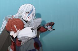 1boy 1girl 4oji344 ahoge blood blood_from_mouth blood_trail carrying carrying_person heterochromia highres hood hoodie long_hair red_hair short_hair spoilers sumino_takumi the_hundred_line_-last_defense_academy- v&#039;ehxness white_hair