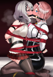 Rule 34 | 2girls, arms behind back, bare shoulders, bdsm, black hair, blue eyes, blunt bangs, blush, bondage, bound, bound together, braid, breast press, breasts, camisole, drooling, eye contact, fingerless gloves, forced kiss, from side, gag, gagged, gloves, grey hair, hair ornament, head wings, high-waist shorts, hololive, kiss, large breasts, linked gag, looking at another, medium hair, multicolored hair, multiple girls, no shoes, o-ring, pantyhose, pink hair, plaid clothes, plaid skirt, pleated skirt, profile, red eyes, red rope, restrained, rope, sakamata chloe, saliva, saliva trail, shared gag, shibari, short hair, shorts, side braid, skirt, streaked hair, sweat, symmetrical docking, takane lui, takane lui (1st costume), thighhighs, virtual youtuber, wings, x hair ornament, yuri