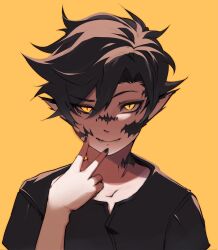 Rule 34 | 1boy, 1hp club, absurdres, black hair, black shirt, commentary, elfboiii, english commentary, facial mark, fangs, hair between eyes, hand on own chin, highres, looking at viewer, male focus, nagi (1hp club), shirt, short hair, simple background, smirk, solo, swept bangs, upper body, v, yellow background, yellow eyes
