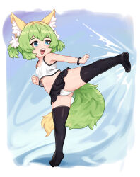 1girl animal_ear_fluff animal_ears batazungharn benri_(batazungharn) black_skirt black_thighhighs blue_eyes breasts cameltoe commentary cropped_shirt fox_ears fox_girl fox_tail full_body green_hair highres kicking loli midriff miniskirt navel no_shoes open_mouth original panties pleated_skirt shirt short_hair skirt sleeveless sleeveless_shirt small_breasts soles solo standing standing_on_one_leg tail teeth thighhighs two_side_up underwear upper_teeth_only variant_set white_panties white_shirt
