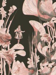 1girl bag black_background brown_hair dkaism dress flower full_body head_tilt holding holding_bag hyacinth leaf lily_(flower) limited_palette long_hair original pink_dress plant simple_background size_difference solo standing waistband