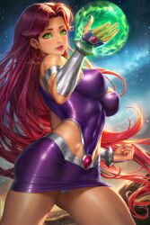 1girl armlet bracer clenched_hand colored_sclera colored_skin dc_comics dress earrings energy fingerless_gloves gloves green_eyes green_sclera highres jewelry long_hair neoartcore orange_skin paid_reward_available panties pantyshot patreon_username pink_lips purple_dress purple_gloves red_hair sky solo star_(sky) starfire starry_sky teen_titans underwear white_panties