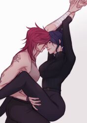 2girls arcane:_league_of_legends arcane_caitlyn arcane_vi arm_tattoo armpits arms_up bare_arms bare_shoulders belt black_belt black_pants black_sweater blue_eyes blue_hair breasts brown_tank_top caitlyn_(league_of_legends) closed_mouth couple half-closed_eyes highres holding_hands imminent_kiss jacket large_breasts league_of_legends lips long_hair long_sleeves looking_at_another lunna_illust medium_breasts mole multiple_girls neck pants ponytail red_hair riot_games shoulder_tattoo simple_background smile sweater tank_top tattoo turtleneck turtleneck_sweater vi_(league_of_legends) white_background yuri