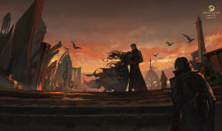 1girl 1other 2boys absurdres bird black_coat chinese_commentary coat commentary_request daly_simone disguise dress dunn_smith evening floating_hair highres holding_another&#039;s_wrist klein_moretti leonard_mitchell long_hair long_sleeves lord_of_the_mysteries multiple_boys orange_sky osot- outdoors short_hair sky standing sunset watermark