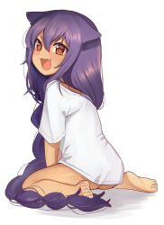 1girl ass bare_legs barefoot between_legs blush braid convenient_censoring dark-skinned_female dark_skin demon_girl dot_nose eyebrows_hidden_by_hair fang female_focus from_behind from_side full_body hair_horns hand_between_legs loli long_hair looking_at_viewer looking_back low-braided_long_hair low-tied_long_hair naked_shirt open_mouth orange_eyes purple_hair shirt short_sleeves simple_background sitting skin_fang smile solo t-shirt toenails toes very_long_hair wariza white_background white_shirt