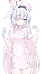 1girl absurdres black_eyes black_hairband blue_archive blush colored_inner_hair commentary gloves hair_over_one_eye hairband halo hands_up hat highres itami_riya long_hair looking_at_viewer multicolored_hair nurse nurse_cap parted_lips pink_halo plana_(blue_archive) red_pupils ribbon short_sleeves simple_background solo sweat translated very_long_hair white_background white_gloves white_hair white_ribbon