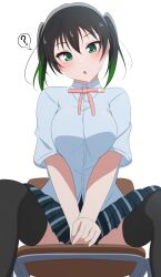 #yukitannpo 1girl :o ? absurdres black_hair black_thighhighs blue_shirt blue_skirt blush breasts breasts_squeezed_together collared_shirt commentary_request dress_shirt gradient_hair green_eyes green_hair highres large_breasts looking_at_viewer love_live! love_live!_nijigasaki_high_school_idol_club miniskirt multicolored_hair neck_ribbon nijigasaki_school_uniform open_mouth plaid_clothes plaid_skirt pleated_skirt ribbon school_uniform shirt short_sleeves skirt solo speech_bubble spoken_question_mark summer_uniform takasaki_yu thighhighs twintails two-tone_hair