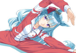 Rule 34 | 1girl, animal ears, arm up, blue hair, braid, breasts, collarbone, commentary request, crown braid, gym shirt, horse ears, horse girl, horse tail, jacket, leaning to the side, long hair, long sleeves, looking at viewer, medium breasts, mejiro ardan (umamusume), miri (ago550421), pants, parted lips, puffy long sleeves, puffy sleeves, purple eyes, red jacket, red pants, shirt, simple background, sitting, solo, split, stretching, tail, track jacket, track pants, track suit, umamusume, very long hair, white background, white shirt