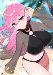 1girl absurdres bikini black_bikini black_nails blue_sky blurry blurry_background breasts closed_mouth cloud commentary day floating_hair highres hololive hololive_english holonatsu_paradise jewelry large_breasts long_hair long_sleeves looking_at_viewer mori_calliope mori_calliope_(holonatsu_paradise) nail_polish navel official_alternate_costume pink_eyes pink_hair see-through_clothes sky smile solo stomach straight_hair swimsuit swimsuit_cover-up symbol-only_commentary thighlet virtual_youtuber water_drop yuuppi